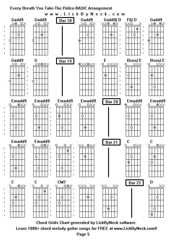 Chord Grids Chart of chord melody fingerstyle guitar song-Every Breath You Take-The Police-BASIC Arrangement,generated by LickByNeck software.